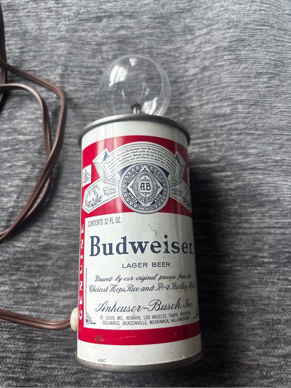 Vintage Budweiser Red & White Can Lamp with Exposed Bulb